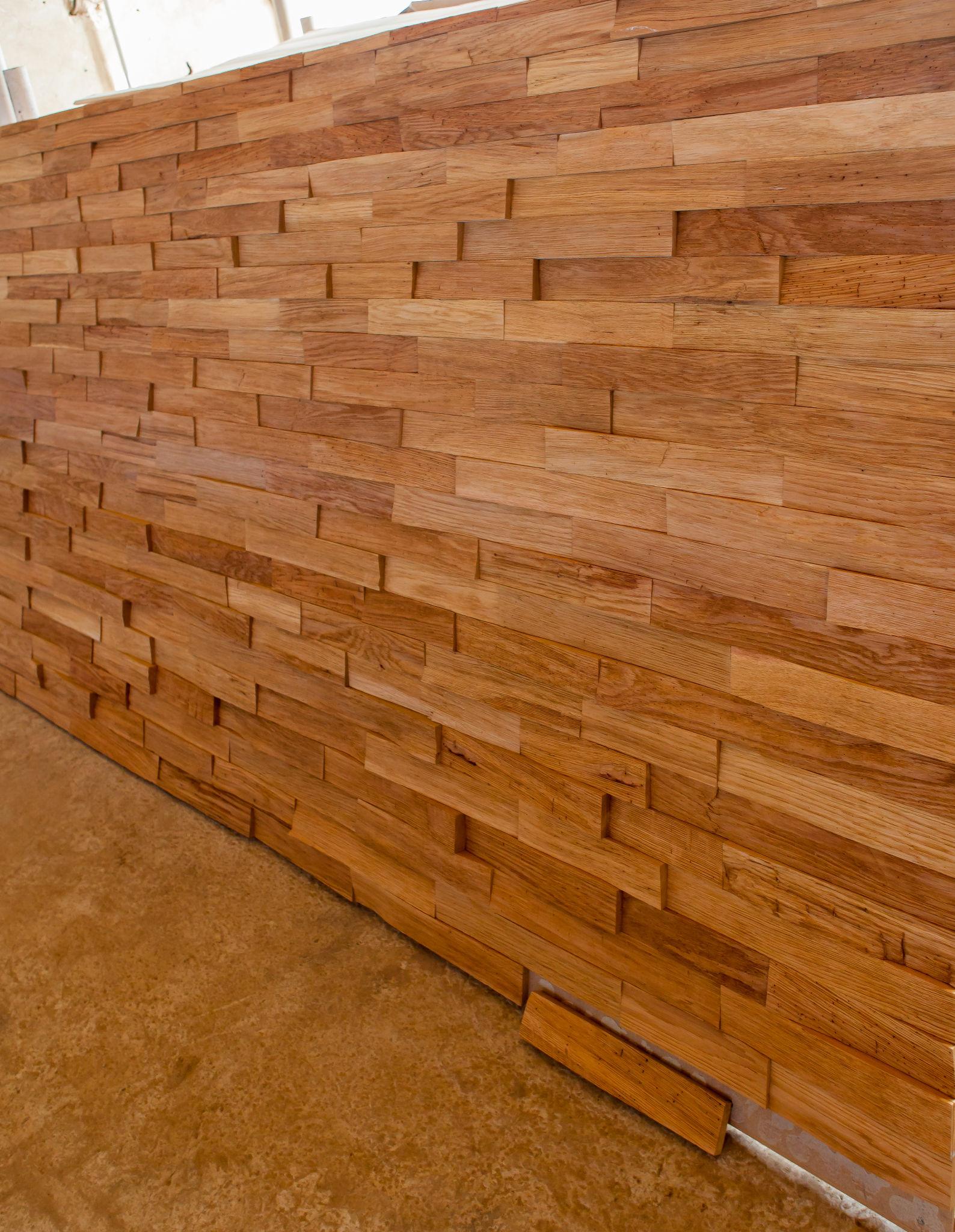3D staggered timber block feature wall cladding — decorative carpentry installation