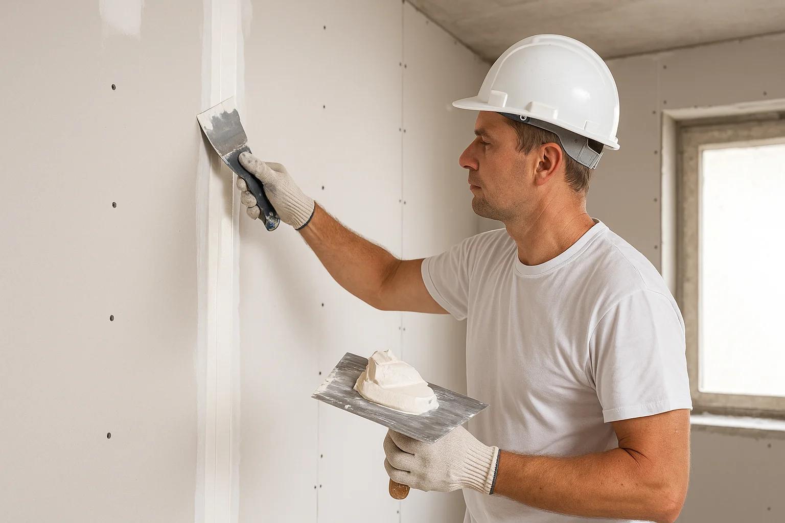 Dryliner applying joint compound to plasterboard scrim joints with a wide spreader
