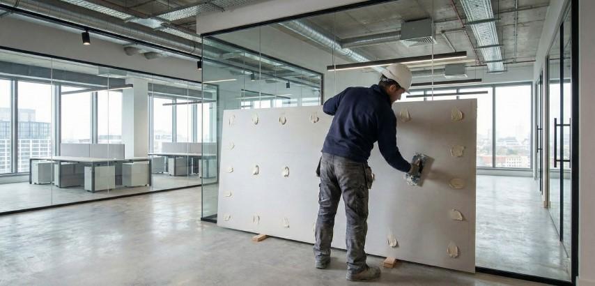 Operative applying adhesive to plasterboard in a high-rise commercial fit-out with city views beyond