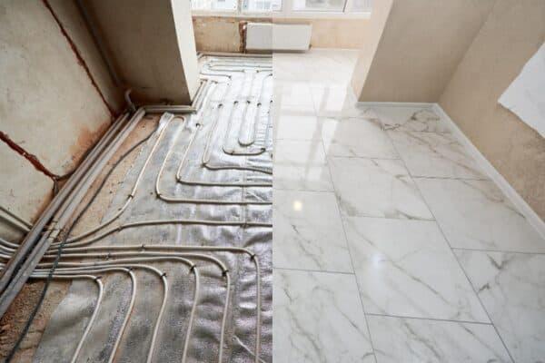 Before and after — UFH pipes on foil insulation alongside completed white marble floor tiles